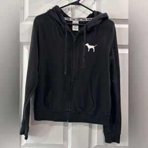 Victoria's Secret Full Zip Up Hoodie Size M Black Small Dog Logo Arm Spellout